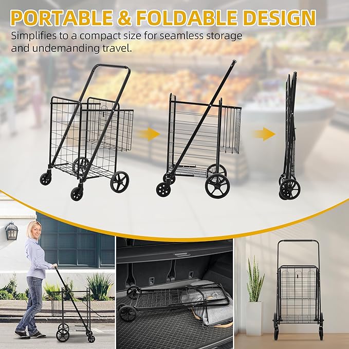 DWVO Jumbo Folding Shopping Cart with Wheels, Rolling Foldable Grocery Cart with Double Basket, Portable Collapsible Utility Cart for Shopping Groceries Laundry Storage Organizer