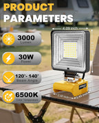 LIVOWALNY 30W LED Work Lights Compatible with Dewalt Battery, 2PCS 3000LM Flashlight with USB A & USB C Output Port Low Voltage Protection, Cordless Portable Floodlight for Camping, Emergency, Outdoor
