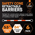 Retractable Barrier for Safety Traffic Cones - 2" OD - Large Yellow and Black Bar Barricade - for Road Construction, Parking, Warning, Temporary Security Divider (6, Orange & White, 53" x 84")