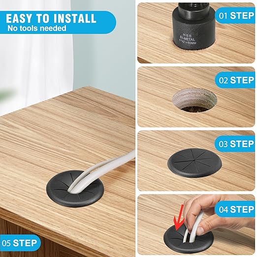 2" Black Desk Grommet, JTemgle Flexible Cable Grommet with Bi-Metal Hole Saw Rubber Cable Hole Cover Wire Organizer Caps Desktop Cord Management for Home Office TV Stands Tabletops, 13 Pieces