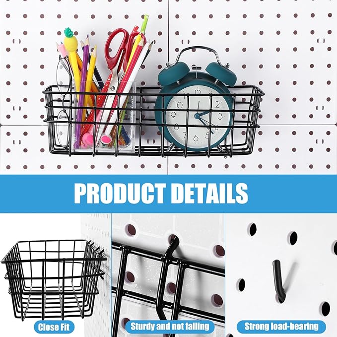 Sieral 4 Pcs Large Pegboard Baskets Set 12 x 6.5 x 4 Inch Black Metal Wire Baskets Peg Board Organizer Accessories Wall Mount Pegboard Bins Workbench Garage Storage Versatile Wall Organizer Attachment