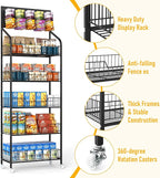 Retail Snack Display Stand,5-Tier Black Metal Storage Shelf Brackets with Wheels & Hooks,Metal Storage Shelves Heavy Duty, Retail Display Shelves Racks,Snack Organizer Stand Display Supplies