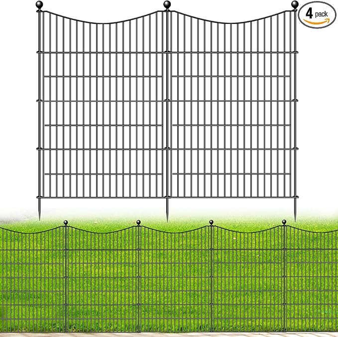 4 Panels No Dig Dog Fence Outdoor for Yard, 48 in(H) X 10.5 ft(L) Decorative Tall Garden Fence Animal Barrier, Rustproof Metal Wire Garden Edging and Borders, Temporary Fencing Stakes
