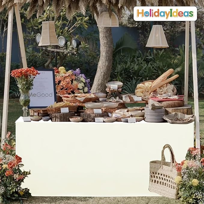 HolidayIdeas Open Back Fitted Tableclothss for 6 Foot Rectangle Table, Wrinkle Resistant Washable Table Covers 72x30 Inch for Craft Fairs, Banquets, Trade Show Display, Beige,4 Pcs