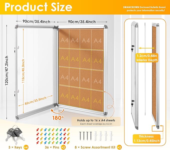 SWANCROWN Enclosed Bulletin Board 48x36 in, Tamperproof Lockable Cork Board Wall Display Case with 2 Locks for Office School Home, Aluminum Frame, Pack of 2