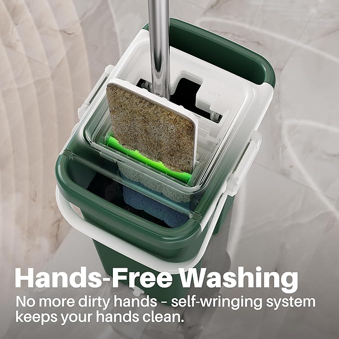 JOYMOOP Commercial Mop and Bucket Set, 17.7-inch Dust Mops for Floor Cleaning, Flat Mop Bucket with Wringer, Include 3 Reusable Microfiber Mop Pads - Forest Green