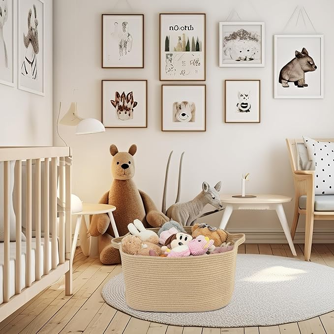 Large Rectangle Blankets Basket Living Room 22"x17"x12" Woven Jute Rope Storage Baskets for Nursery Toy Baskets for Kids and Dogs Wicker Laundry Basket Bin for Clothes Towels