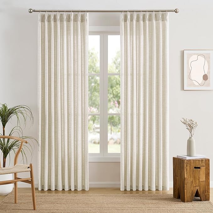 RAIN CITY Natural Cream Curtains 92 Inches Long, Elegant Pleated Viral Linen Curtain for Living Room, Boho Natural Ivory Semi Sheer Drapes for Bedroom Back Tab with Hooks 50x92
