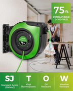 Retractable Cord Reel, 75 FT Heavy Duty Extension Cord, 14AWG/3C SJTOW, 3 Grounded Outlets Lighted Triple Tap, 10A Circuit Breaker, Wall/Ceiling Mounted, UL Listed, Green J75CR06