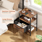 SUPERJARE Nightstand Set of 2, Bed Side Tables with Charging Station, Adjustable Fabric Drawer, Night Stand for Bedroom, 3-Tier Storage End Tables, for Living Room, Rustic Brown