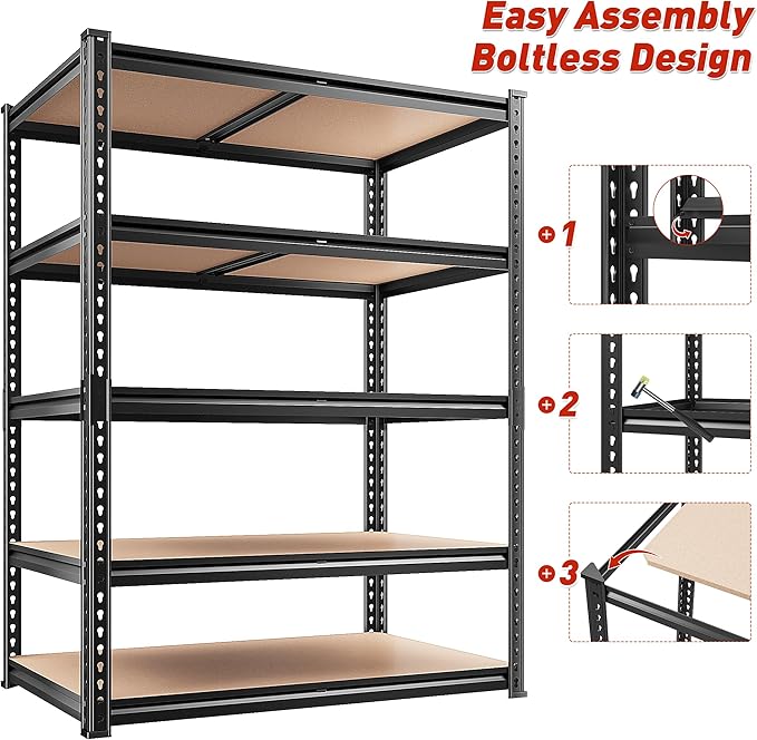 REIBII 2020LBS Storage Shelves 5 Tier Garage Shelving Heavy Duty, Adjustable Metal Shelving, Garage Shelves for Basement, Warehouse, Pantry, Closet, Kitchen 72" H x 35.55" W x 16" D, Black, 2 Pack