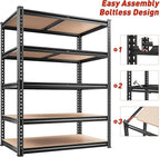 REIBII 2020LBS Storage Shelves 5 Tier Garage Shelving Heavy Duty, Adjustable Metal Shelving, Garage Shelves for Basement, Warehouse, Pantry, Closet, Kitchen 72" H x 35.55" W x 16" D, Black, 4 Pack