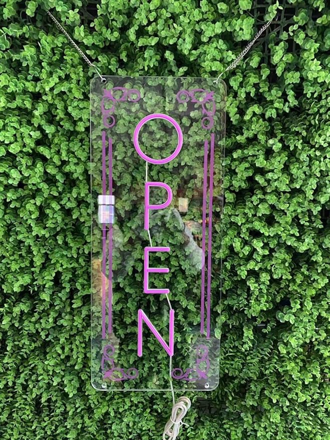 Vertical LED Open Signs for business – Super Bright - UV Printing Pattern, Remote Included - Large Size 12x30'' - Neon Open Sign for Café, Bar, Shop & Business Sign (Purple)