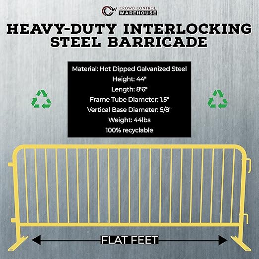 Angry Bull Barricades Metal Interlocking Steel Barricade (8.5 Ft. Heavy Duty, Flat Feet, Yellow Powder Coated, Set of 10)