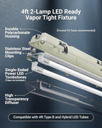 Sunco LED Ready Fixture for Garage Ceiling, 4ft Shop Lights Holds 2 LED Tube Lights, Non-Dimmable, Surface Mount, Works with Type B and Hybrid Tubes, 120-277V, Wet Rated ETL