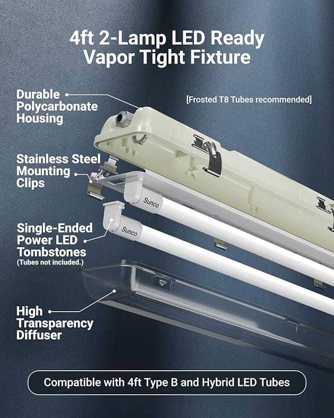 Sunco LED Ready Fixture for Garage Ceiling, 4ft Shop Lights Holds 2 LED Tube Lights, Non-Dimmable, Surface Mount, Works with Type B and Hybrid Tubes, 120-277V, Wet Rated ETL 12 Pack