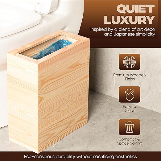 2.3 Gallons Rectangular Wooden Trash Can | Trash Can with Bin Liners | Decorative Waste Basket | Recycling Bin for Bathroom | Natural Wood Finish Basket for Kitchen | Paper Basket for Office