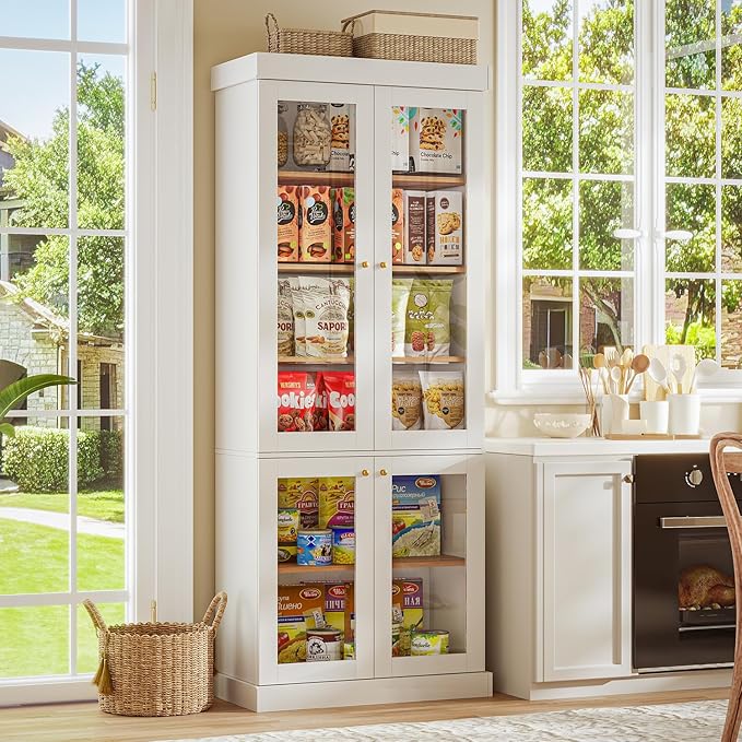 70.8" Bookshelf with Glass Doors, Farmhouse Modular Bookcase with 6-Tier Adjustable Shelves, Large Storage Cabinet for Living Room & Home Office, White