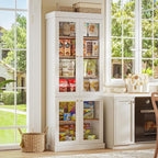70.8" Bookshelf with Glass Doors, Farmhouse Modular Bookcase with 6-Tier Adjustable Shelves, Large Storage Cabinet for Living Room & Home Office, White