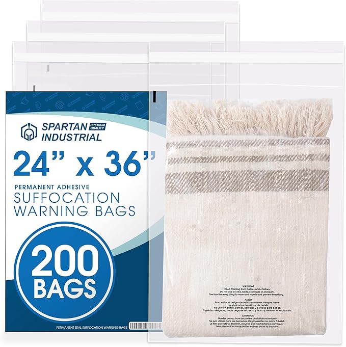 Spartan Industrial - 24" X 36" (200 Count) Self Seal Clear Poly Bags with Suffocation Warning for Packaging, Shipping - Permanent Adhesive