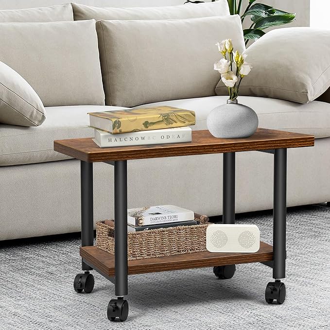 Under Desk Printer Stand - 2-Tier Industrial Mobile Printer Table with Storage Shelf, Heavy Duty Wood Rolling Printer Cart with Wheels for Home and Office,Rustic Brown