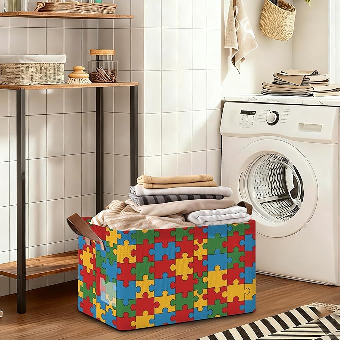 Jigsaw Storage Bins with Handles, Collapsible Storage for Clothes, Gift Basket, Blankets & Closet Organization