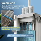JOYMOOP Mop and Bucket with Wringer Set, Flat Squeeze Mop with Bucket (X-Large), Dust Mop for Wall Cleaner with Long Handle, Microfiber Mop - White Bucket with 3 Reusable 15" Pads