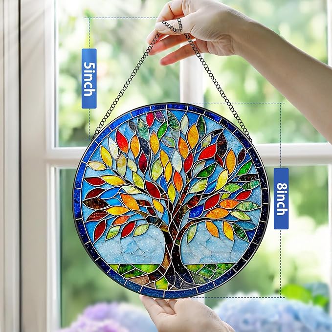 8-Inch Stained Glass Ornament, Stained Glass Window Hanging, Suncatcher Window Hanging, Home Decor, Tree of Life Ornament | Mother's Day, Christmas, Birthday, Housewarming | Gifts for Mom & Friend