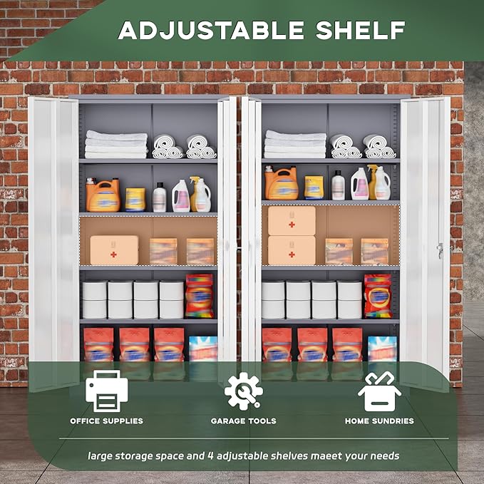 Greenvelly Metal Storage Cabinet, 72" Locking Metal Garage Storage Cabinet with Doors and 4 Adjustable Shelves, Lockable Steel Cabinet for Home Office, Garage, Shop, School (White Grey 32" W x 16" D)