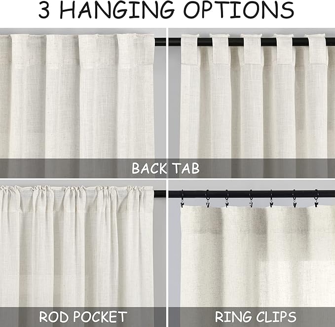 38 inch Wide Cream Linen Curtains for Living Room 2 Panels Back Tab Rod Pocket Narrow Window Curtain 84 inches Long Boho Farmhouse Decor Birch Ivory Light Filtering Semi Sheer Curtains 38x84