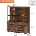WAMPAT 2 PCS Modern 72" Tall Bookcase with 2 Drawers and Open Book Shelf, Library Book Shelf with Storage Cabinet and Glass Doors, Wood Freestanding Bookshelves for Home Office, Living Room, Brown