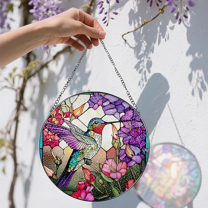 8 Inch Stained Glass Suncatcher Ornament, DOUHASU Hummingbird Sun Catchers Indoor Window, Stained Glass Window Hanging, Home Decor, Hummingbird Lovers Gifts for Women, Mom, Friend