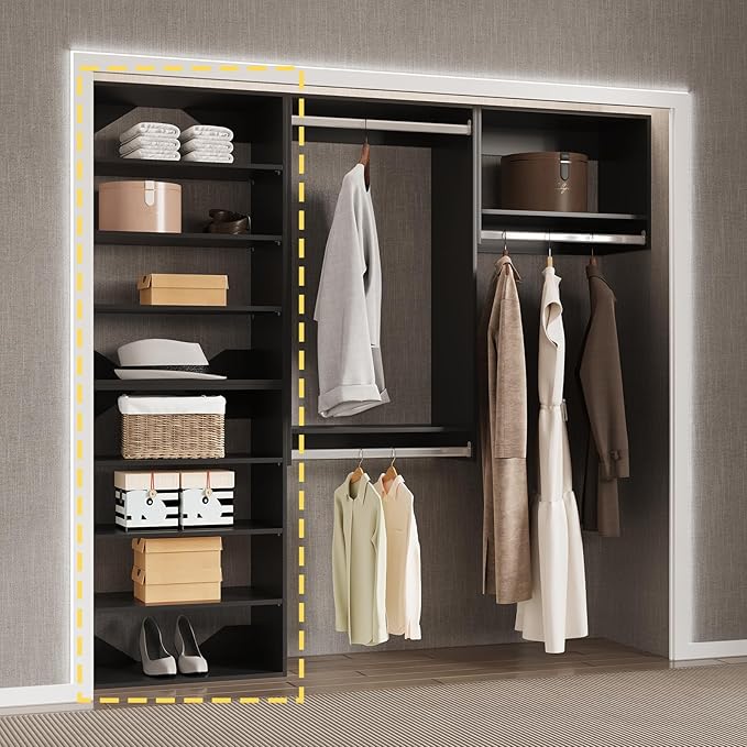 Short Tower Closet Unit, Modular Closet System, Wood Closet System Organizer with Storage for Walk In Closets, Clothing Rack Wardrobe for Hanging Clothes, Bedroom, Black, 25.5"W