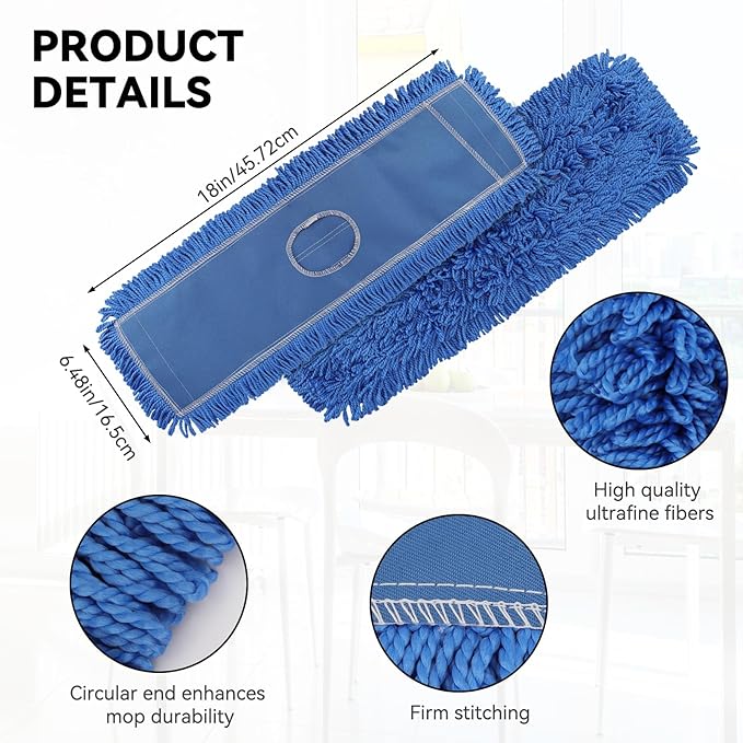 18 Inch Dust Mop Head: Replacement Medium Washable Commercial Mop Head Sweeper and Janitorial Replacement Blue