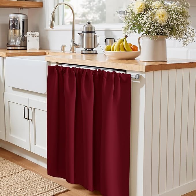 PONY DANCE Burgundy Short Blackout Curtains for Kitchen 2 Panels Set, Thermal Insulated Half Window Drapes for Christmas Decorations, Small Curtains for Bathroom, W 29 x L 24 inches, Red