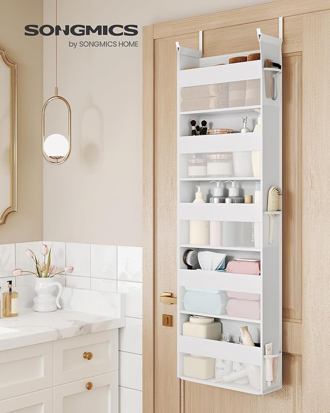 SONGMICS Over The Door Organizer, Hanging Door Organizer with 5 Large Pockets, 5-Tier Fabric Storage, Transparent Nylon Mesh, Foldable, Metal Hooks, with Side Pouches, Cloud White URDH007W01