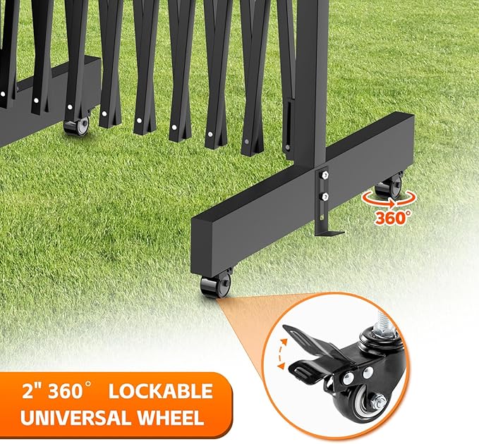 12.2FT Black Industrial Metal Expandable Barricade，Retractable Traffic Fence with Casters, Folding Security Gate，Portable Barricade Gate for Construction Area, Traffic Control, Cordon