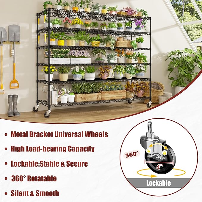 PrimeZone 6 Tier 80.7" H x 55.5" W x 24" D Wire Shelving with Wheels 3600lbs NSF Certified Storage Shelves Heavy Duty Metal Shelf Adjustable Rolling Rack Commercial Garage Restaurant Warehouse 4pcs