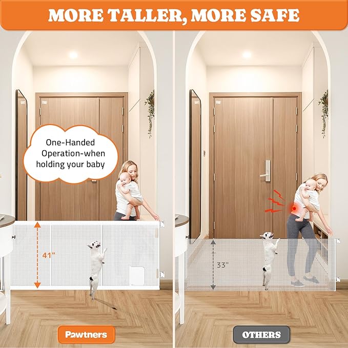 Pawtners Retractable Baby Gates Extra Wide, 41" Tall Extends up to 120" Wide, Dog Gate Indoor with Cat Door for Stairs, Pet Gate with Support Rods for Doorways Hallways Indoor & Outdoor-White