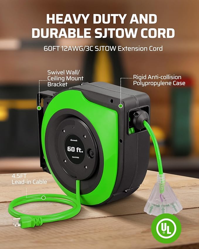 DEWENWILS Retractable Cord Reel, 60FT Heavy Duty Extension Cord, 12AWG/3C SJTOW, 3 Grounded Outlets Lighted Triple Tap, 15A Circuit Breaker, Wall/Ceiling Mounted for Garage, Workshop, UL Listed, Green