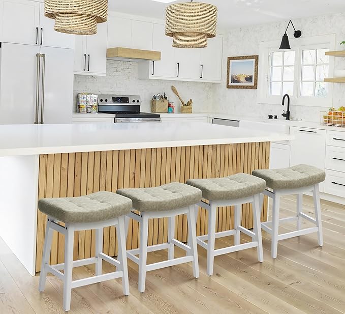 Counter Height Bar Stools Set of 6 for Kitchen Counter Farmhouse Modern Barstools with Faux Leather Upholstered Backless Seat and Solid Wood Legs 24 inch Bar Chairs, Light Grey + White