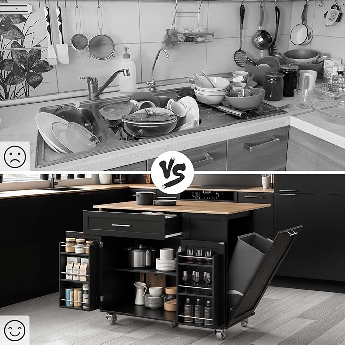 43.3" Rolling Kitchen Island Cart with Drop Leaf & Storage - Mobile Kitchen Organizer with Wheels, Rubberwood Top, Trash Bin Cabinet & Towel Rack, Farmhouse Style for Small Spaces Black