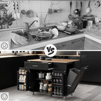 43.3" Rolling Kitchen Island Cart with Drop Leaf & Storage - Mobile Kitchen Organizer with Wheels, Rubberwood Top, Trash Bin Cabinet & Towel Rack, Farmhouse Style for Small Spaces Black