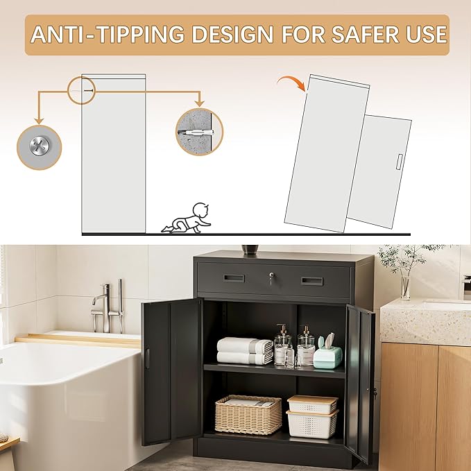 Metal Storage Cabinet, 36 Inch Tall Metal Storage Cabinet with Doors and Shelves, Pantry Cabinets with Drawer for Kitchen Storage, Garage Cabinet for Living, Dining Room, Assemble Required.