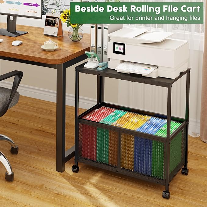 Rolling File Cart, Mobile File Cabinet with Wheels Hanging Files, Filing Cabinet Organizer Printer Stand File Organizer Fit Letter Size for Home Office, Black