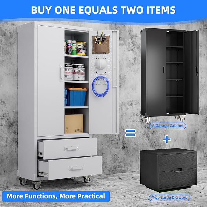 Aobabo Upgraded Metal Garage Storage Cabinet with Wheels and 2 Drawers, Lockable Rolling Tools Cabinet with Pegboards and Hooks,Assembly Required,White
