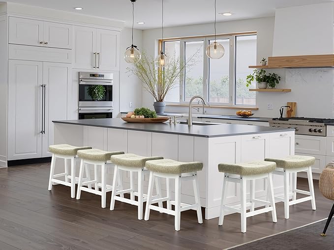 Counter Height Bar Stools Set of 3 for Kitchen Counter Farmhouse Modern Barstools with Faux Leather Upholstered Backless Seat and Solid Wood Legs 24 inch Bar Chairs, Light Grey + White
