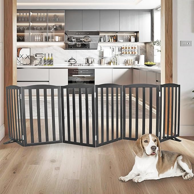 Freestanding Dog Gate Indoor,Doggie Gate Foldable Pet Gates for Doorways,Stairs or Hallways, Wooden Black Pet Gate for The House, Pet Fence with Support Feet Included,32 "Height-6 Panels