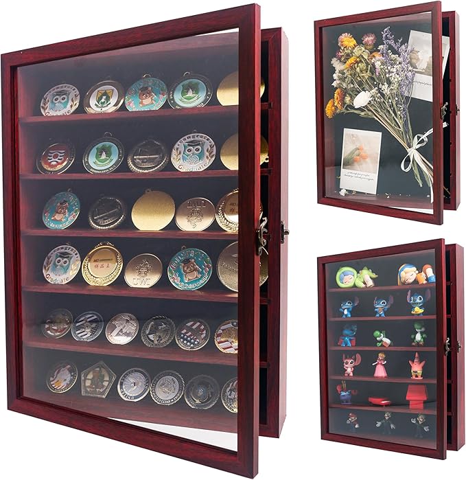 GMFrames 12x16 Wooden Shadow Box Frame with Removable Shelves Deep Display Case for Military Medals Keepsakes Cherry