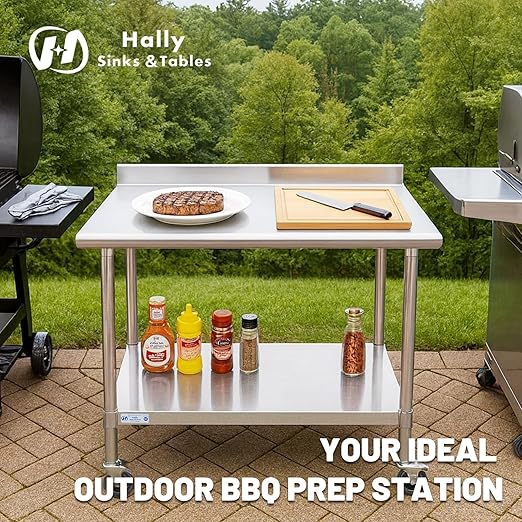 Hally Stainless Steel Table for Prep & Work 24 x 60 Inches with Caster Wheels, NSF Commercial Heavy Duty Table with Undershelf and Backsplash for Restaurant, Home and Hotel